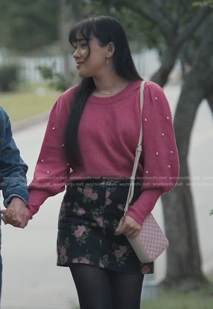 Lily's pink pearl embellished sweater and floral skirt on Sweet Magnolias