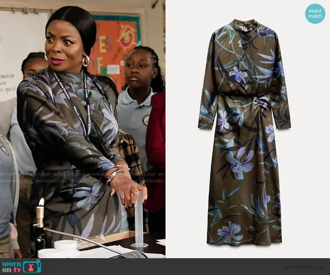 Zara Floral Print Satin Effect Midi Dress worn by Ava Coleman (Janelle James) on Abbott Elementary