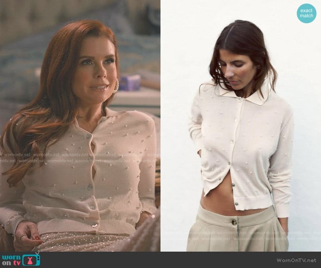 Zara Knit Cardigan with Faux Pearls in Ecru worn by Maddie Townsend (JoAnna Garcia Swisher) on Sweet Magnolias