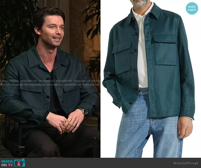 Zegna Oasi Linen Twill Overshirt in Teal Green worn by Patrick Schwarzenegger on Today