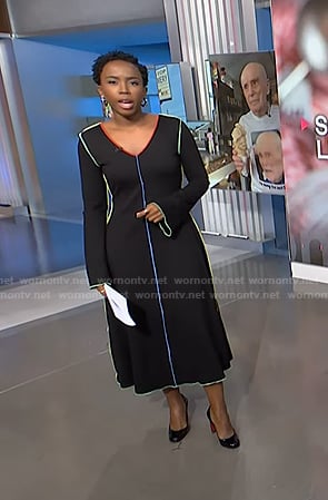 Zinhle's black dress with multicolor piping on NBC News Daily
