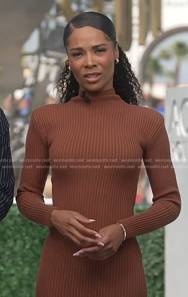 Zuri's brown ribbed turtleneck dress on Access Hollywood
