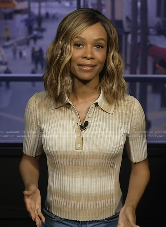 Zuri's beige ribbed polo on Access Hollywood