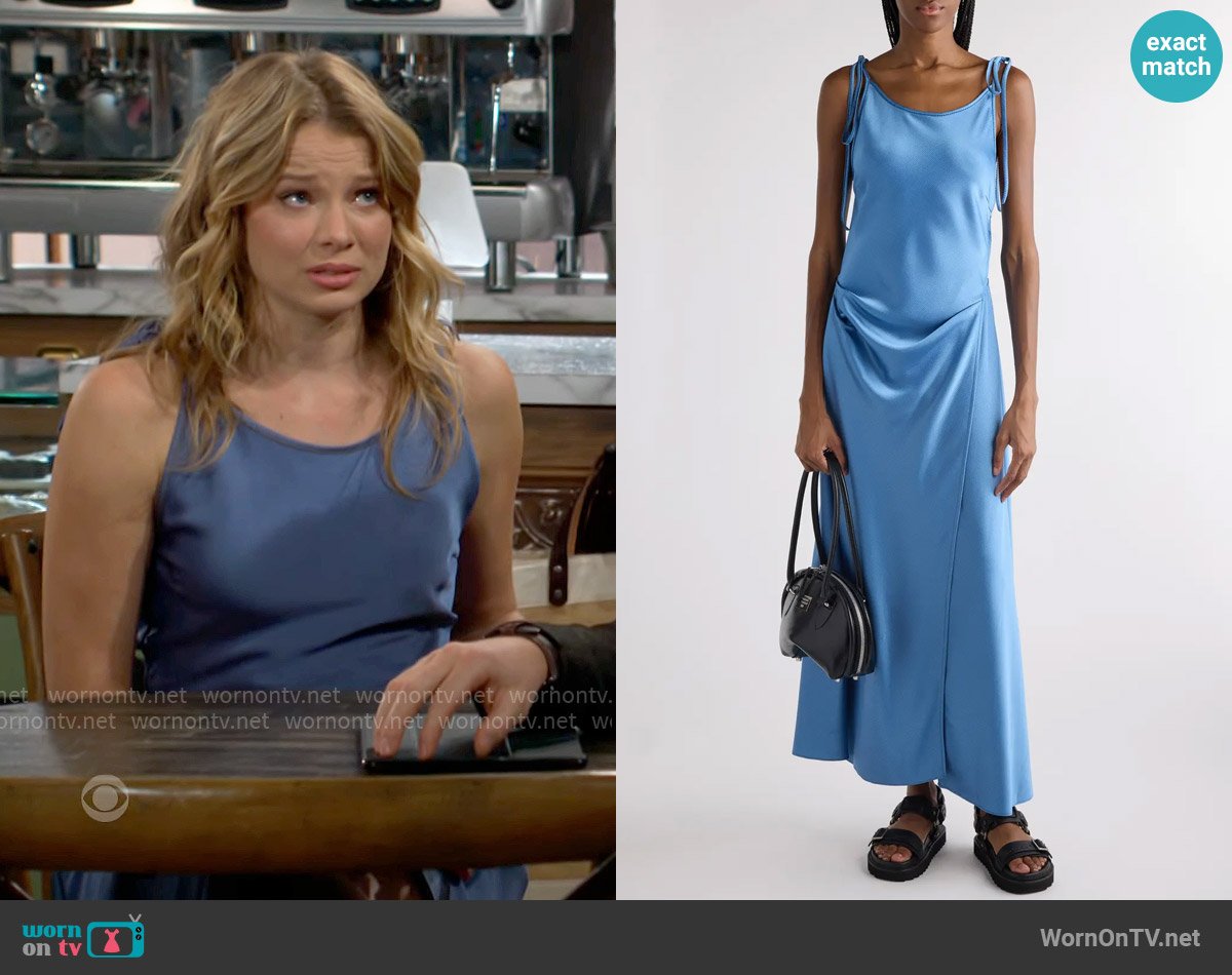 Acne Studios Dayla Fluid Seersucker Satin Slipdress worn by Summer Newman (Allison Lanier) on The Young and the Restless