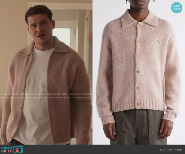 Acne Studios Shetland Wool Polo Cardigan in Pink Melange worn by Evan Buckley (Oliver Stark) on 9-1-1