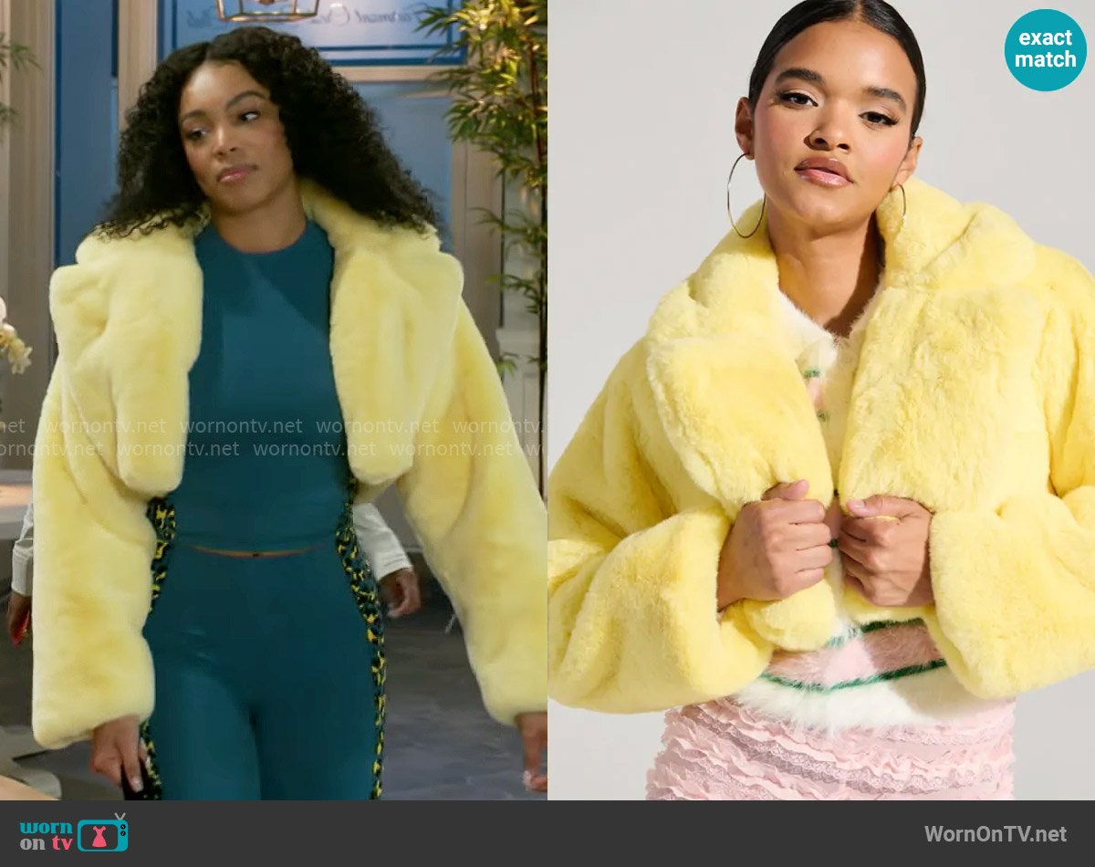 Akira Poppy Cropped Fur Coat in Yellow worn by Chelsea Hamilton (RhonniRose Mantilla) on Beyond the Gates