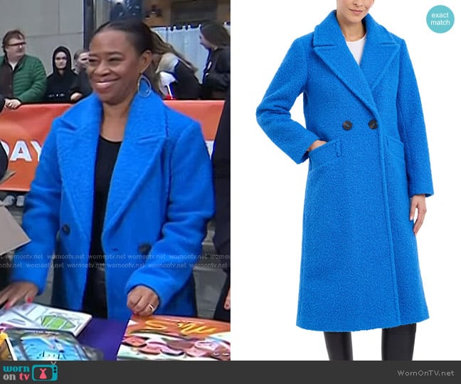 BCBGeneration Double-Breasted Bouclé Walker Coat in Azure Blue worn by Diane Marie Brown on Today