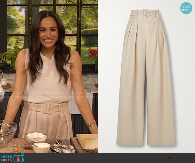 Brandon Maxwell Pleated Wide-Leg Wool Trousers with Belt worn by Meghan Markle on The Drew Barrymore Show