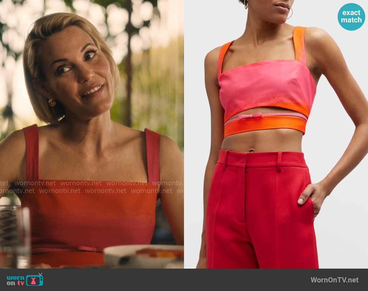 Brandon Maxwell Bow Cutout Degrade-Print Crop Top worn by Kate (Leslie Bibb) on The White Lotus