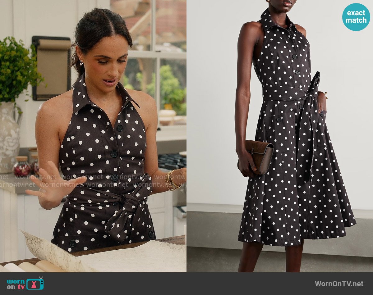 Carolina Herrera Polka-dot halterneck cotton-blend twill midi dress worn by Meghan Markle on With Love Meghan