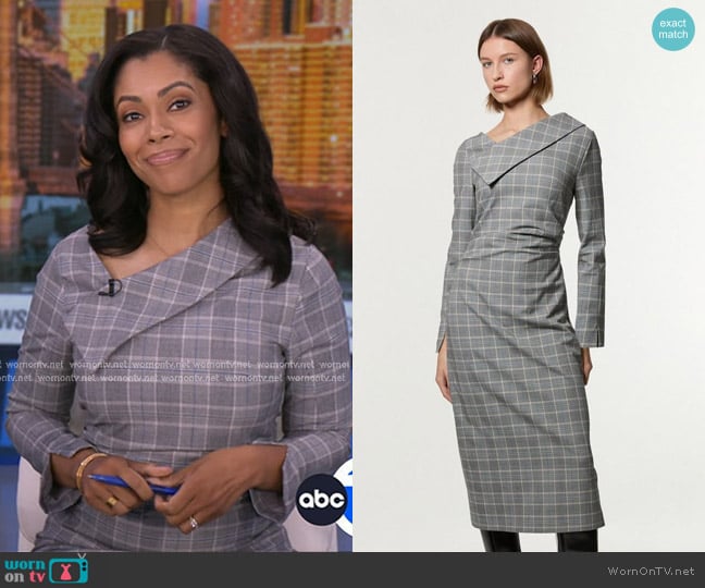 Karen Millen Check Tailored Asymmetrical Collared Fitted Maxi Dress in Grey worn by Shirleen Allicot on Good Morning America