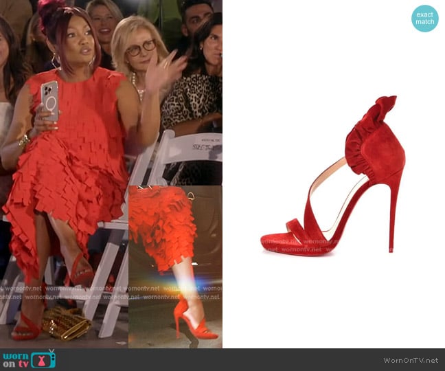 Christian Louboutin Colankle Ruffle Suede Heels worn by Garcelle Beauvais on The Real Housewives of Beverly Hills