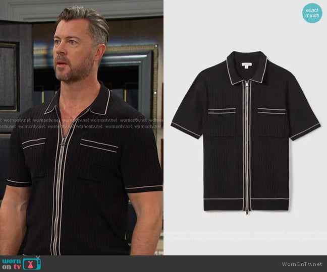 Reiss Christophe Ribbed Dual Zip-Front Shirt in Black worn by EJ DiMera (Dan Feuerriegel) on Days of our Lives