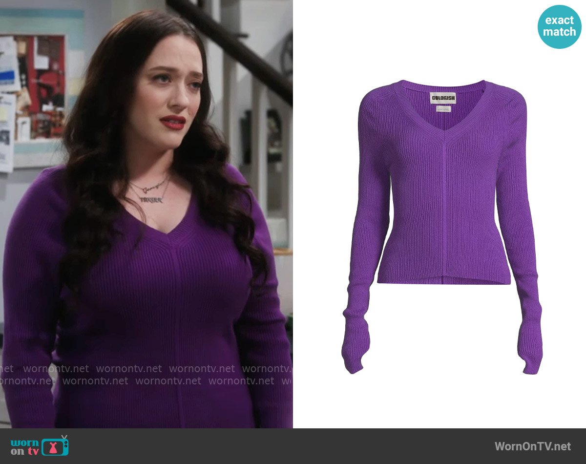 Riley’s purple v-neck sweater on Shifting Gears