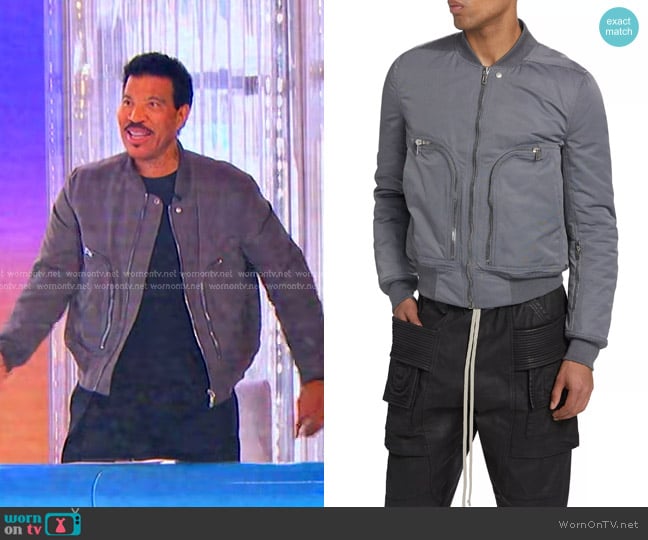 DRKSHDW by Rick Owens Bauhaus Flight Zip-Up Bomber Jacket in Stone worn by Lionel Richie on American Idol