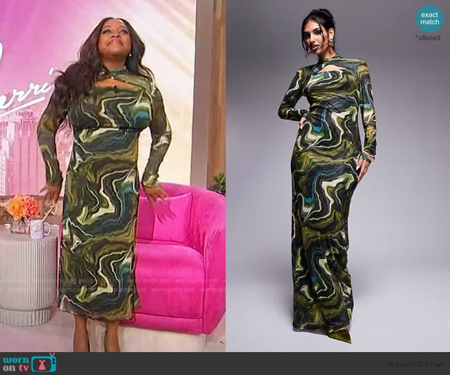 Sherri’s green marble print maxi dress on Sherri