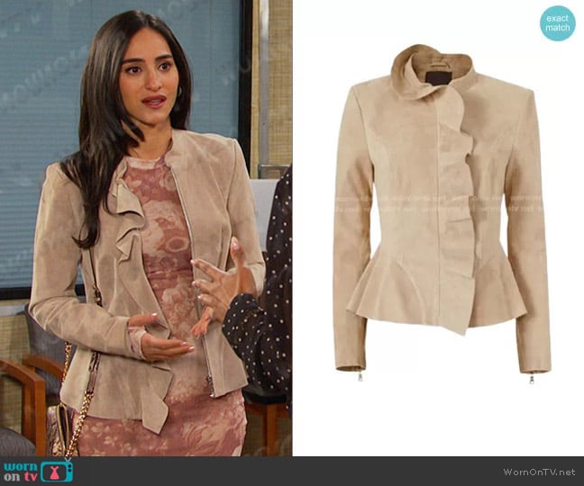 Intermix Dixon Suede Ruffle Jacket worn by Gabi Hernandez (Cherie Jimenez) on Days of our Lives