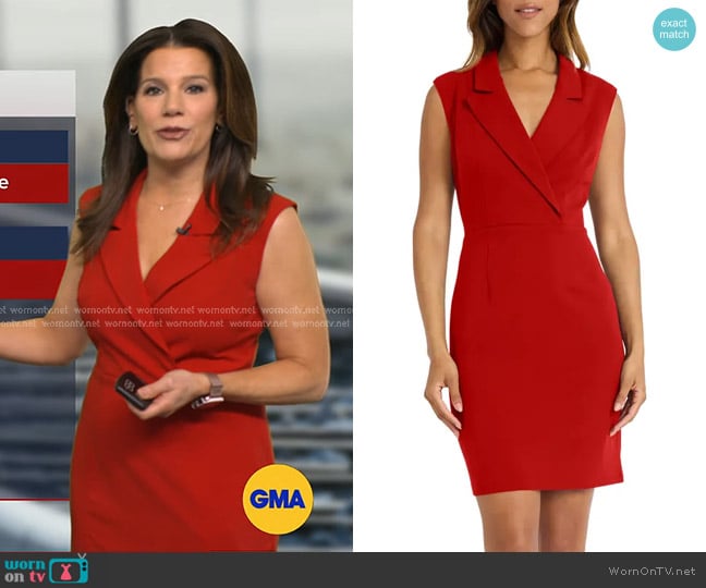 Donna Morgan Tuxedo Sleeveless Sheath Dress in Savvy Red worn by Heather O’Rourke on Good Morning America