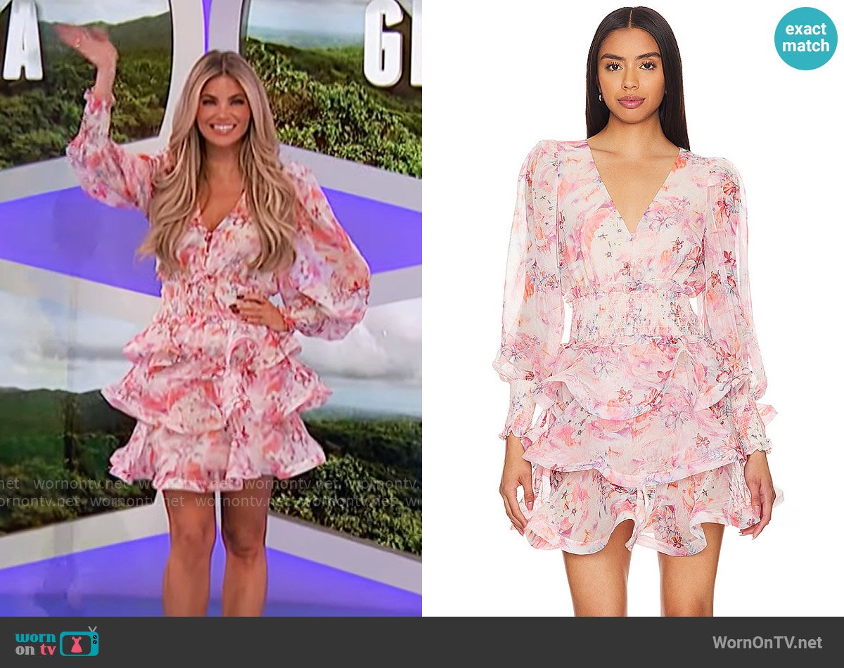 Amber’s pink floral tiered mini dress on The Price is Right