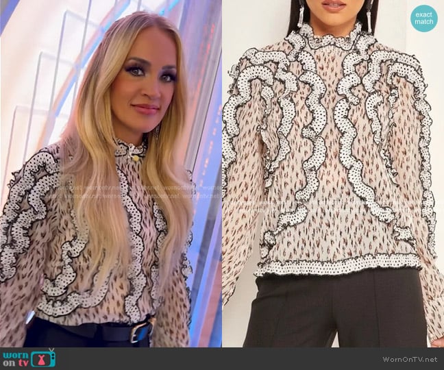 Elliatt Muse Printed Ruffle Sheer Long Sleeve Blouse worn by Carrie Underwood on American Idol