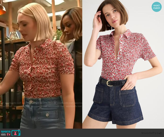 J. Crew Smocked button-up shirt in Liberty worn by AnnaSophia Robb on Access Hollywood