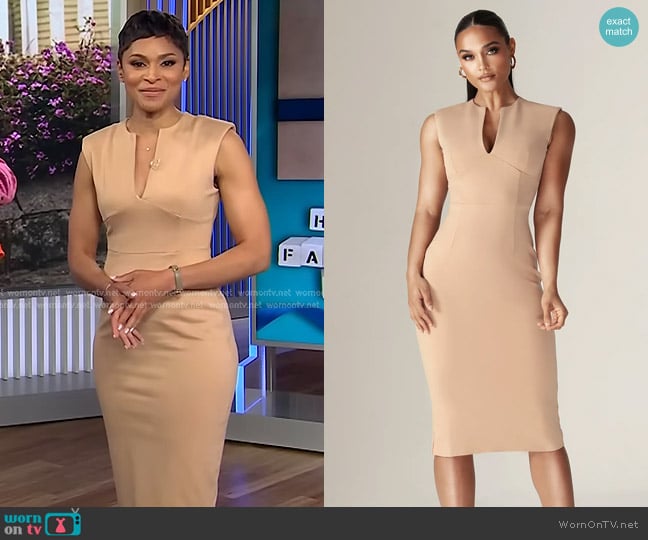 Jericka’s beige v-neck dress on CBS Evening News