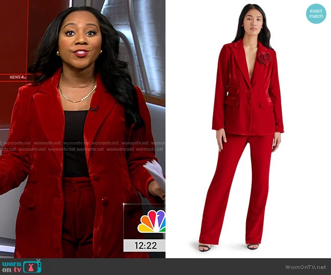 Steve Madden Merene Velvet Removable Rosette Blazer and Pants worn by Kay Angrum on NBC News Daily