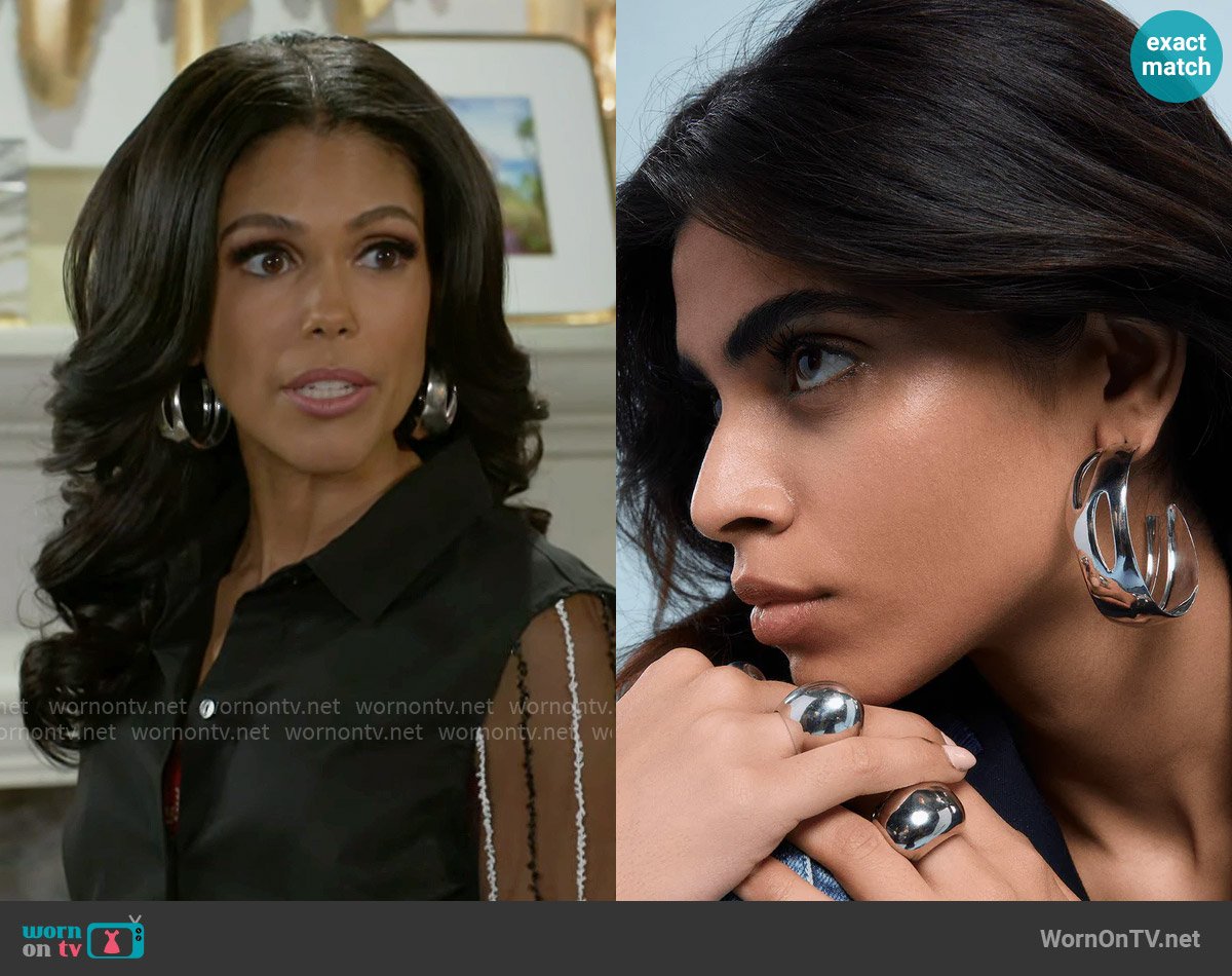 Misho Tidal Hoops in Silver Rhodium Plated worn by Dani Dupree (Karla Mosley) on Beyond the Gates