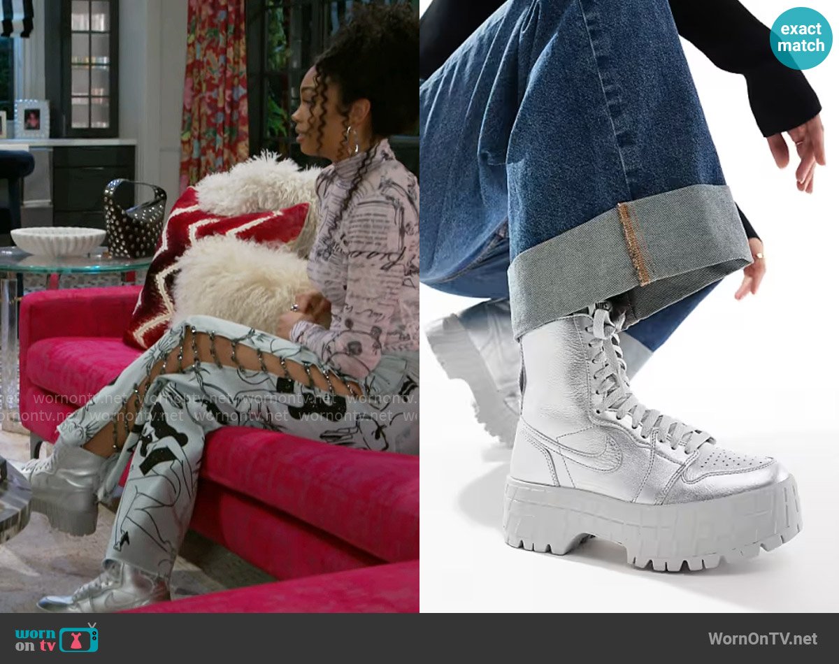 Nike Air Jordan 1 Brooklyn boot in silver and gray worn by Chelsea Hamilton (RhonniRose Mantilla) on Beyond the Gates