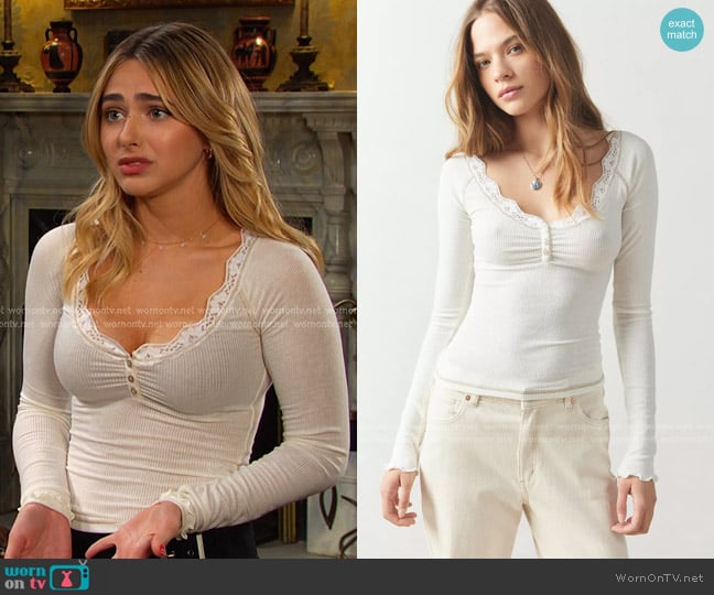 Out From Under Diana Layering Lace-Trim Henley Top in Ivory worn by Holly Jonas (Ashley Puzemis) on Days of our Lives