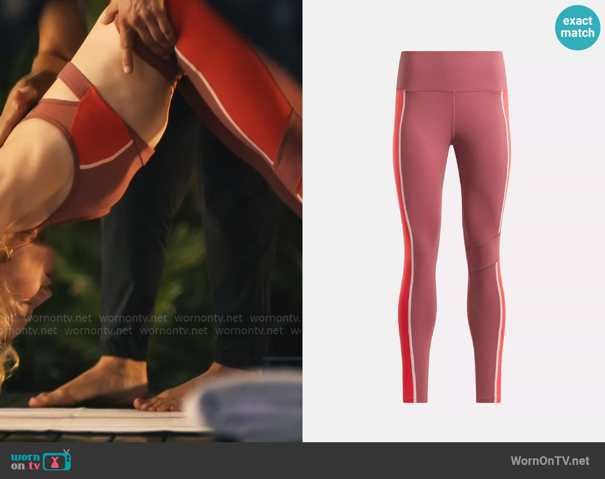 Reebok Lux High-Rise Colorblock Leggings in Sedona Rose worn by Laurie (Carrie Coon) on The White Lotus