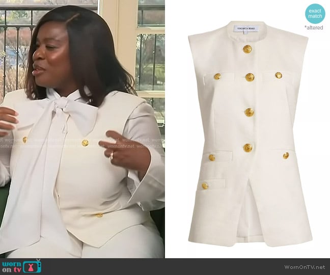 Uzo Aduba’s white vest with gold buttons on Access Hollywood