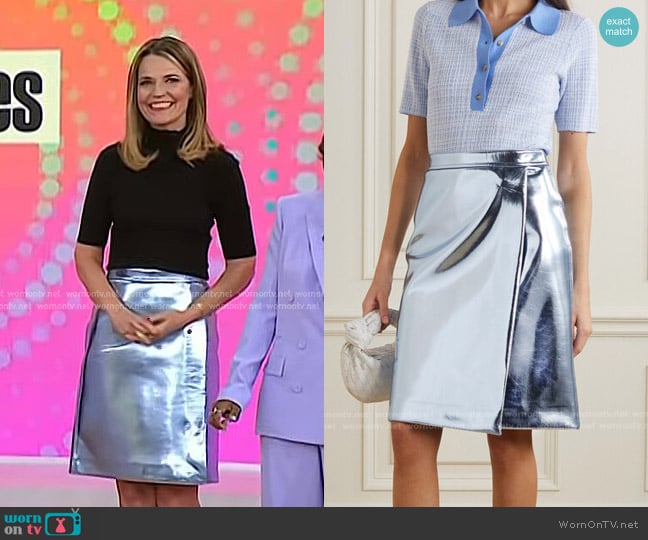 Victoria Beckham Wrap-Effect Metallic Scuba Skirt worn by Savannah Guthrie on Today