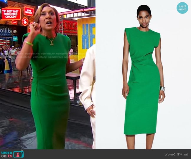 Zara Tailored Waist Midi Dress in Green worn by Robin Roberts on Good Morning America