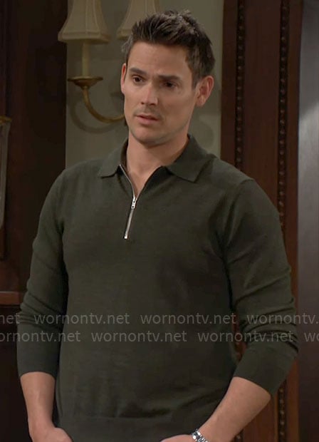 Adam's green zip polo sweater on The Young and the Restless