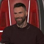 Adam Levine’s burgundy distressed knit sweater on The Voice