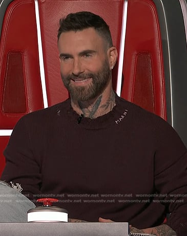 Adam Levine’s burgundy distressed knit sweater on The Voice