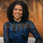 Adriana Diaz’s black and blue printed mesh dress on CBS Mornings