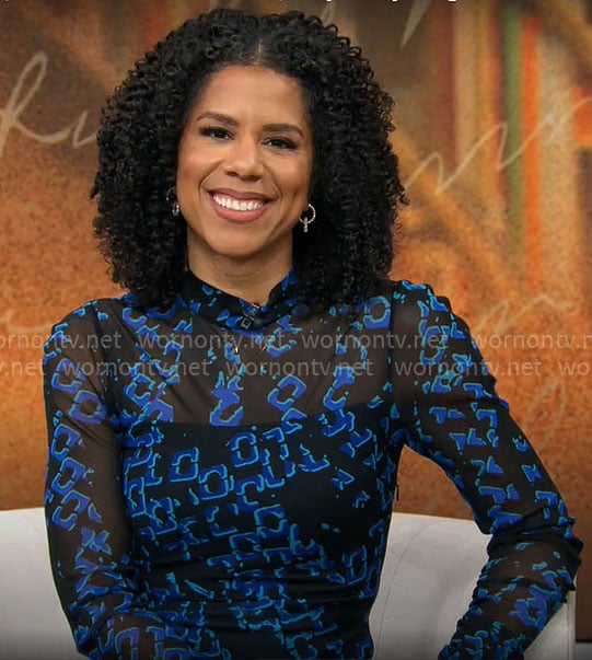 Adriana Diaz’s black and blue printed mesh dress on CBS Mornings