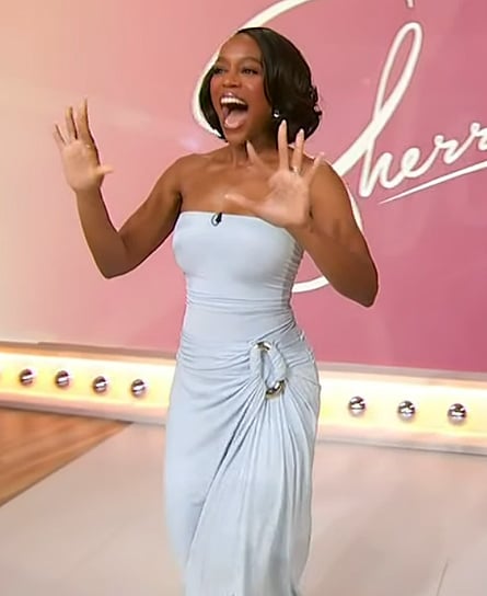 Aja Naomi King’s blue strapless dress on Sherri