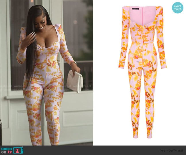 Alex Perry Lanson Printed Sweetheart Catsuit worn by Porsha Williams on The Real Housewives of Atlanta