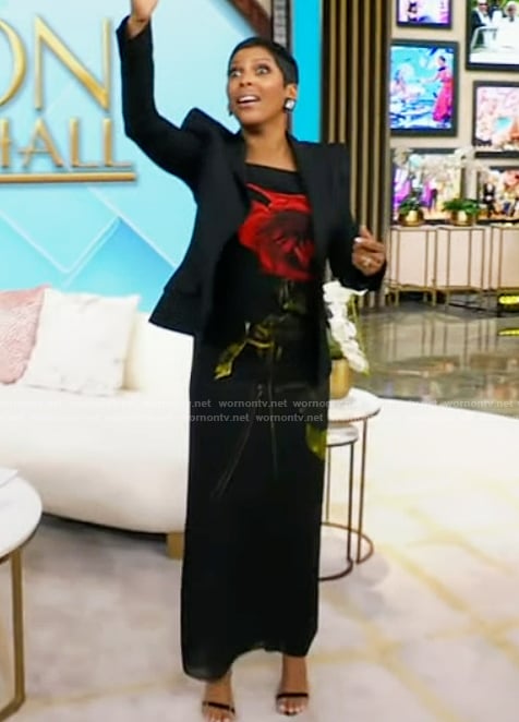 Tamron's black rose print dress on Tamron Hall Show