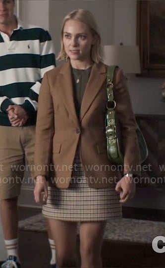 Alice's brown blazer and checked mini skirt on Grosse Pointe Garden Society