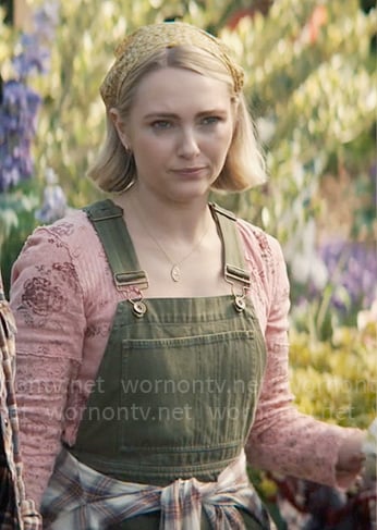 Alice's pink floral top and green overalls on Grosse Pointe Garden Society