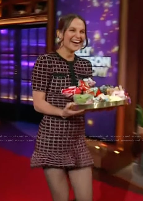 Alicia Vikander's tweed check mini dress on The Kelly Clarkson Show