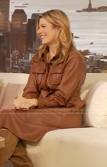 Alison Hall’s brown leather shirtdress on The Drew Barrymore Show