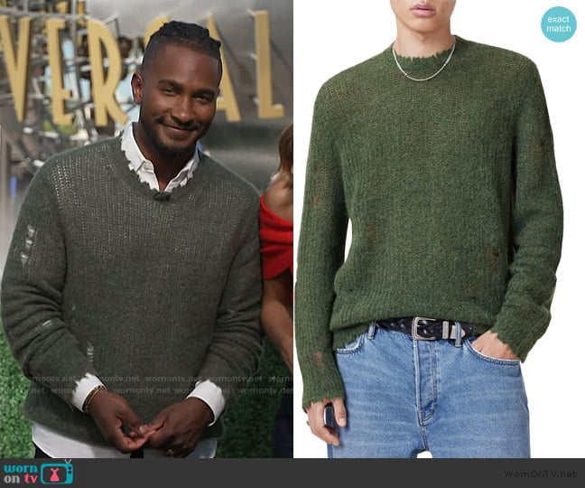 All Saints Bleaker Raw Edged Crewneck Sweater worn by Scott Evans on Access Hollywood