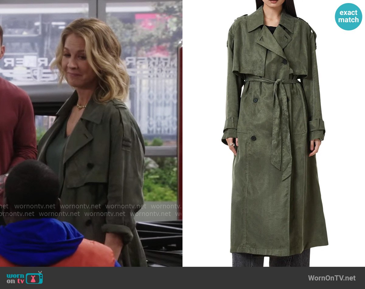 Eve’s green suede trench coat on Shifting Gears