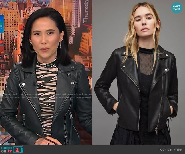 All Saints Dalby Leather Biker Jacket in Black / Shiny Silver worn by Vicky Nguyen on NBC News Daily