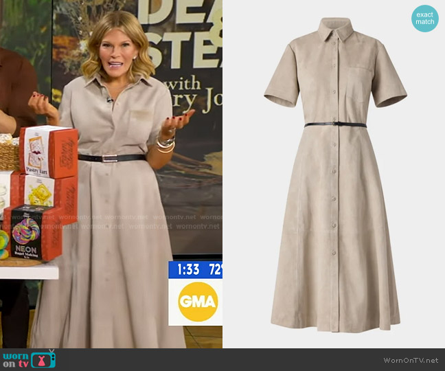 Altuzarra Kiera Suede Fit-Flare Belted Midi Dress in Moonlight worn by Tory Johnson on Good Morning America
